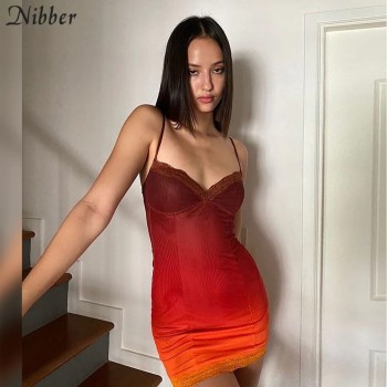 Nibber Fashionable Gradient Color Bodycon Women Mini Dress Sexy Lace Party Clubwear 2021 Spaghetti Straps Casual Street Clother